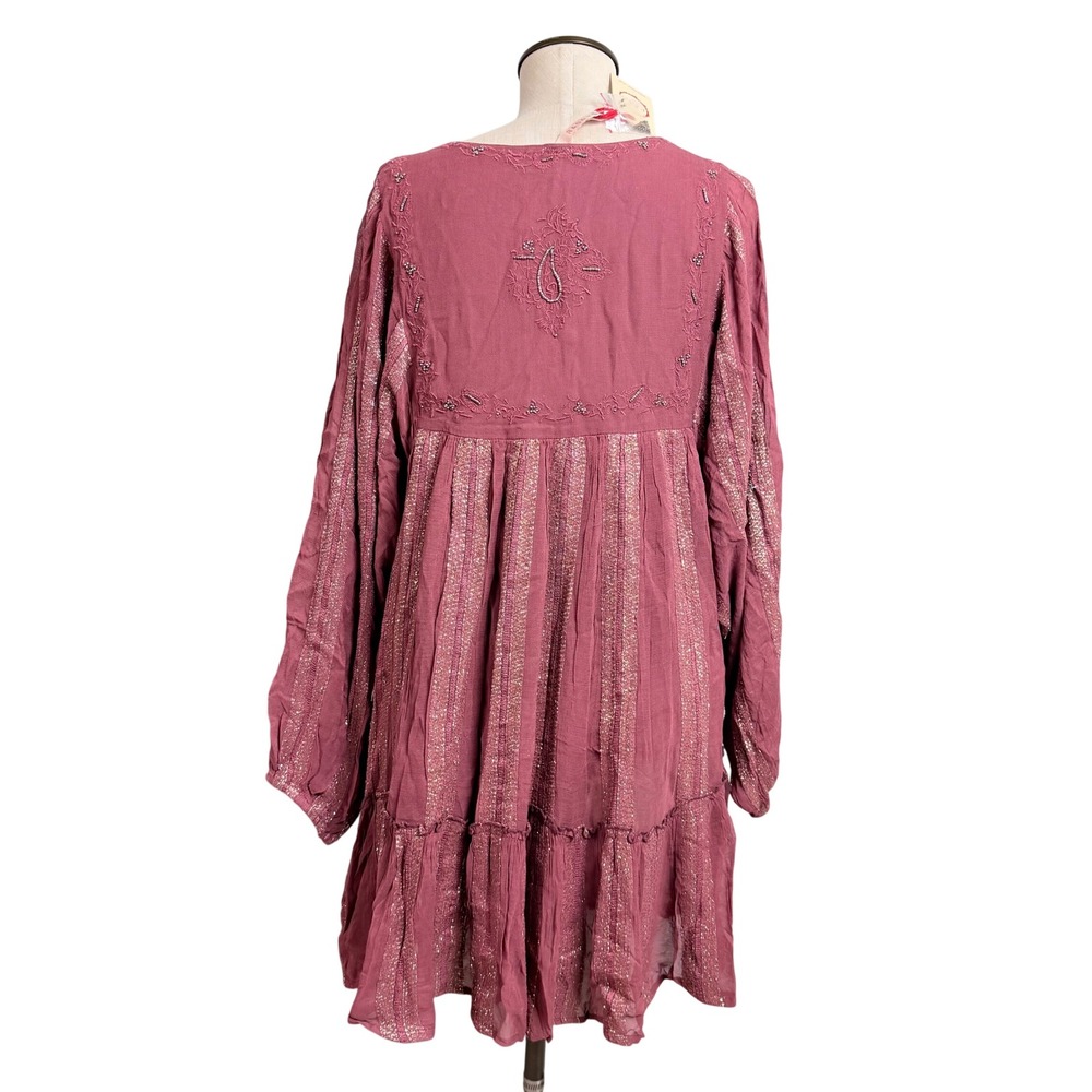 NWT Raga Women Small Plum Purple Beaded Metallic Stripe Babydoll Mini Dress Boho - Picture 2 of 12
